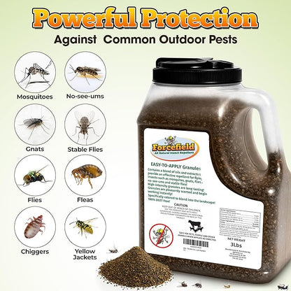ForceField Natural Flea, Tick, Mosquito Yard Treatment - Repellent Granules for Backyard Mosquito Control | Pet Safe, DEET-Free Outdoor Control | Long-Lasting Barrier for Lawns, Patios, & Barns 3 LB