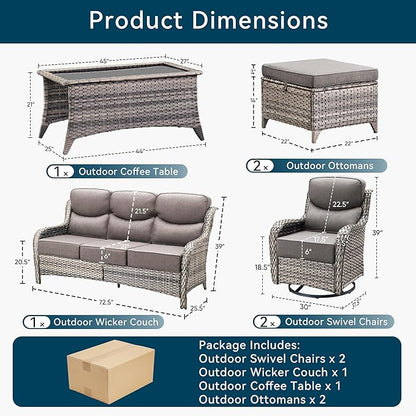 Luxury High Back Outdoor Furniture with 6-Inch Thick Cushions, Patio Furniture Set with Swivel Chairs, 6 PCS Wicker Conversation Set for Porch, Balcony, Deck and Yard