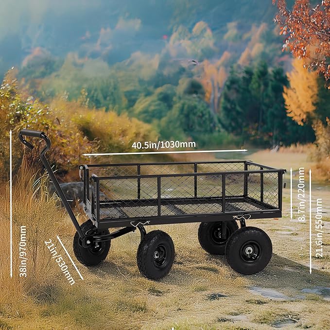 Finnhomy Heavy Duty 1000 Lbs Capacity Mesh Steel Garden Cart, Pullable Garden Wagons Carts on Wheels, Folding Utility Wagon with Removable Sides for Outdoor, Yard, Lawn, Black