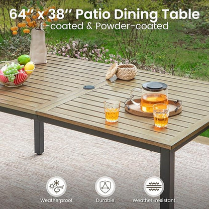 PHI VILLA 7 Pieces Patio Dining Set for 6, 65” Wood-Like Metal Steel Dining Table & Rattan Wicker Chairs with Cushions, Large Dining Furniture Set for Outdoor Deck, Yard, Porch