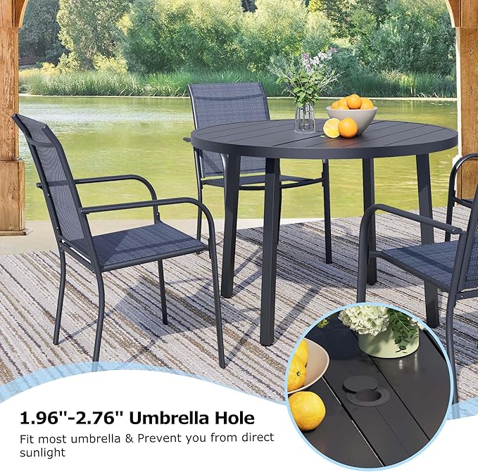 7 Pieces Round Dining Table Set for 6, Patio Dining Set Includes 6 Dark Blue Stackable Patio Chairs and 1 Black Round Table Set of 6, Patio Furniture Sets with Sling Support for Outside, Garden