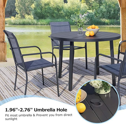 7 Pieces Round Dining Table Set for 6, Patio Dining Set Includes 6 Dark Blue Stackable Patio Chairs and 1 Black Round Table Set of 6, Patio Furniture Sets with Sling Support for Outside, Garden