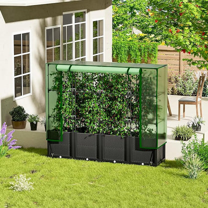 Onelike 64'' x 16'' x 55.5'' Plastic Raised Garden Bed with Greenhouse Cover and Trellis, Vertical Tomato Planters for Climbing Plants, Self Watering System Tomatoes Cage for Patio,Black,Large