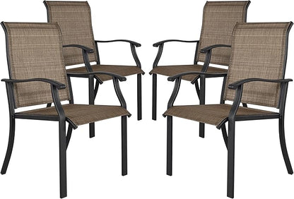 NUU GARDEN 4 Piece Outdoor Patio Dining Chairs, Textilene Dining Chairs with High Back, Patio Furniture Chairs with Armrest, Iron Frame for Lawn Garden Backyard Deck, Black and Brown
