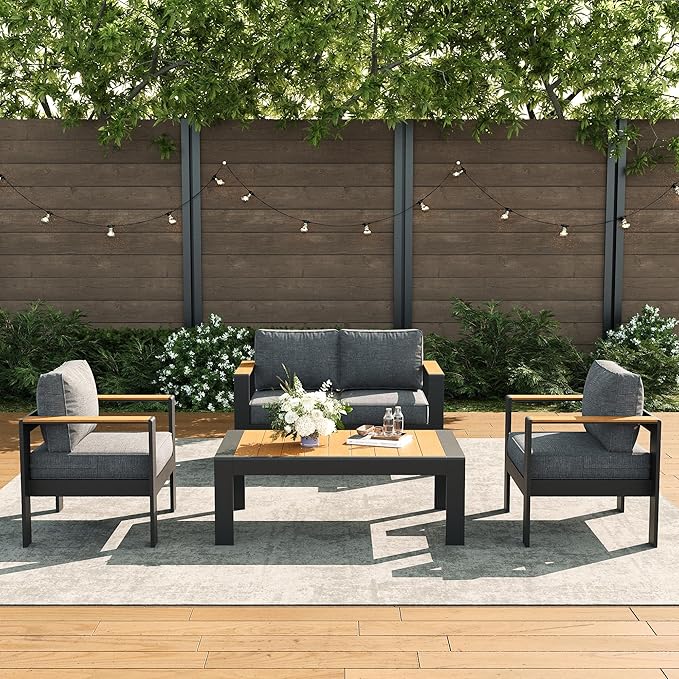 LayinSun 4 Piece Aluminum Outdoor Furniture Set with Coffee Table, Outside Patio Deep Seating Conversation Set with Upgraded Washable Thick Cushion