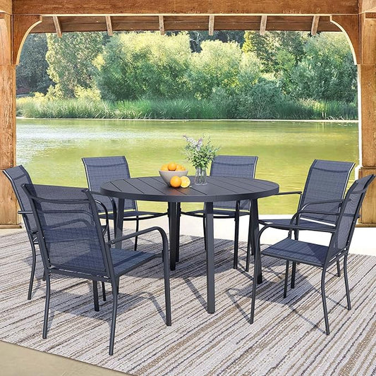 7 Pieces Round Dining Table Set for 6, Patio Dining Set Includes 6 Dark Blue Stackable Patio Chairs and 1 Black Round Table Set of 6, Patio Furniture Sets with Sling Support for Outside, Garden