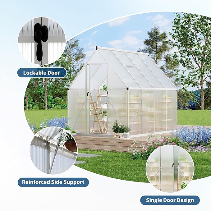 6X7 ft Polycarbonate Greenhouse with Aluminum Frame, Polycarbonate Greenhouse for Outdoors, Greenhouses with Ventilation, Aluminum Large Walk-in Greenhouses for Outside