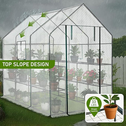 Outvita Walk-in Greenhouse, Outdoor Durable PE Plant Green House for Frost Protection with 3 Tiers 12 Shelves, Shelf Clips, Roll-up Zipper Door, 56"x85"x77" White