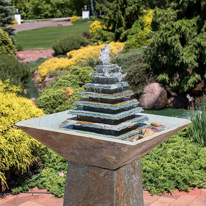 Sunnydaze 40-Inch Slate Outdoor Water Fountain - Layered Pyramid Outdoor Water Feature with LED Lights for Patio, Deck, Garden