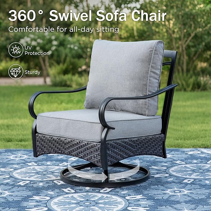 PHI VILLA Outdoor Modern Patio Furniture Set, Upgraded Wicker&Metal Patio Furniture Conversation Set with Waterproof Thick Cushions for Porch, Poolside, Deck, and Yard (4 Pieces,Grey)
