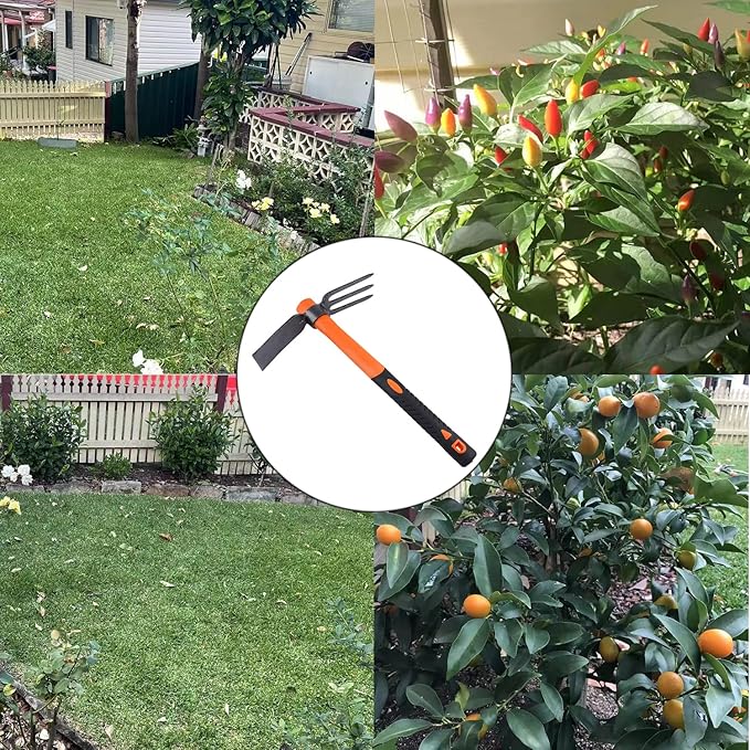 3 Sprongs Dual Head Rake Hoe with Heavy Duty Forged Adze and Ergonomic Non-Slip Handle for Loosening Soil, Gardening, Camping Outdoor 39mm/15-Inch