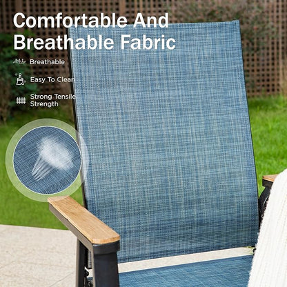 PHI VILLA Outdoor Stackable Chairs, Patio Chairs Set of 6, Light Weight Aluminum Frame with Textilene Fabric & Wood Armrest, High Back Deck Chairs for Poolside Lawn Garden, Blue