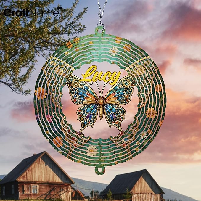 Personalized Butterfly Wind Spinner 3D Stainless Steel, Butterfly Garden Spinner Hanging Outdoor Decor, Wind Spinners Outdoor, Custom Gift for Grandmother, Mom, Wife