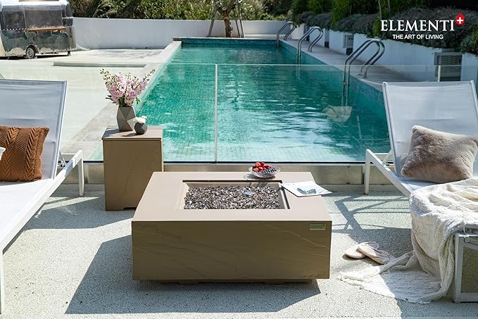 Elementi+ | Bundle Uluru Gas Fire Pit Cast Concrete 40" Square Fire Table, Outdoor Fire Pit Electronic Ignition | Canvas Cover, Fire Glass and Burner Lid Included | Sunlight Yellow | Propane Gas