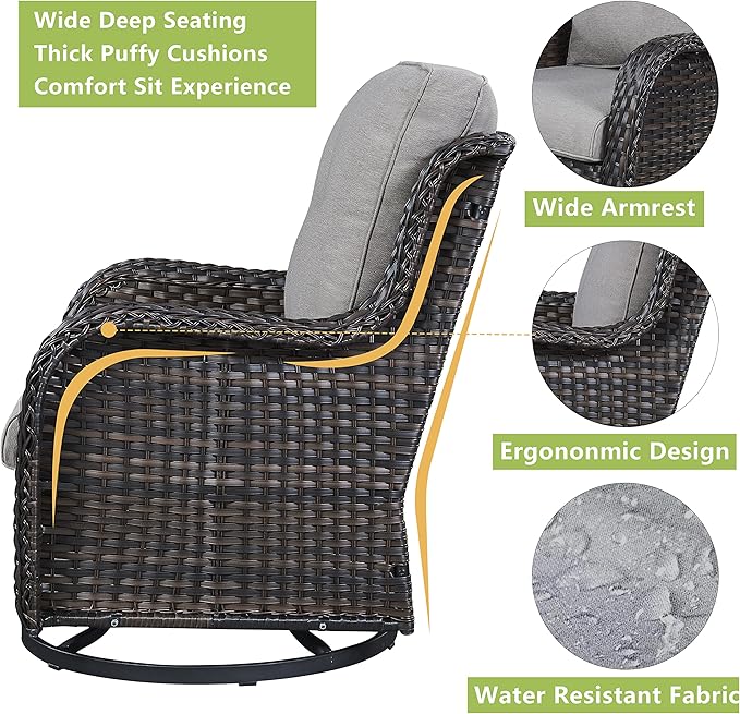 Outdoor Patio Swivel Rocker Chairs - 3 Piece Patio Bistro Set, Wicker Patio Furniture Set with 2 Swivel Rocking Chairs and 1 Glass Top Side Table for Deck Porch Garden, Brown/Grey