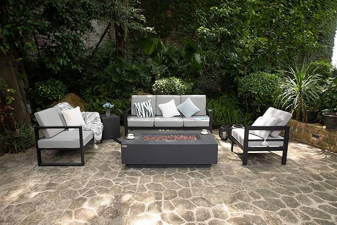 AMS Creations | Madison 60" Rectangular Propane Gas Outdoor Fire Pit Table | Dark Gray Concrete GFRC | Limestone Texture or Surface | Electronic Ignition | Outside Backyard Fireplace
