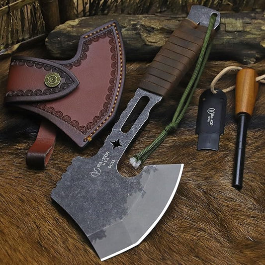 BA-KOR 12.2-inch DC53 Steel 10mm Thick Multi-Functional Survival Axe for Camping, EDC Tool, Jungle Logging Axe + Axe Sheath (5.9in) Cerium igniter