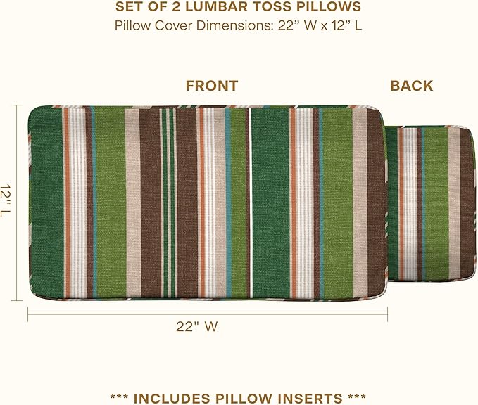 Honeycomb Outdoor Lumbar Pillow 2-Pack, 22 x 12, Stripe Pine Green Throw Pillows for Patio Furniture