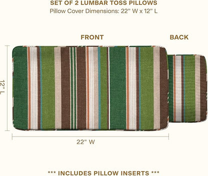 Honeycomb Outdoor Lumbar Pillow 2-Pack, 22 x 12, Stripe Pine Green Throw Pillows for Patio Furniture