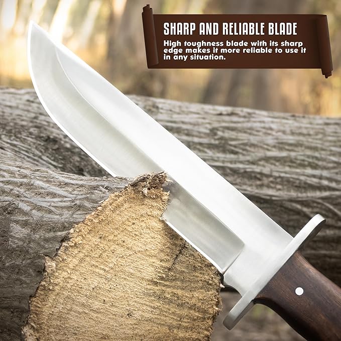 D2 Handmade 13 Inches Bowie Knife Full Tang Fixed Blade Knife with Sheath Hunting Knife with Along Wood Handle Ideal for Camping, Hiking, Survival And Bushcraft