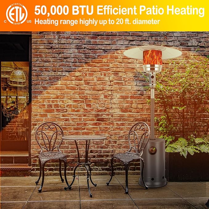 Hykolity 50,000 BTU Patio Heater with Sand Box, Table Design, Double-Layer Stainless Steel Burner, Wheels, Tip-over Protection System, Outdoor Heater for Home and Residential, Brown