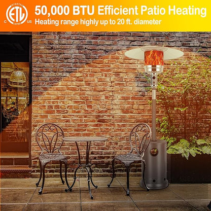 Hykolity 50,000 BTU Patio Heater with Sand Box, Table Design, Double-Layer Stainless Steel Burner, Wheels, Tip-over Protection System, Outdoor Heater for Home and Residential, Brown