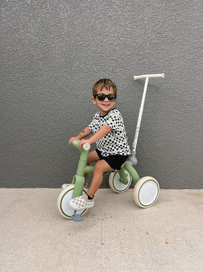 4-in-1 Toddler Tricycle with Adjustable Push Handle for 1-4 Year Old,Birthday Gift and Toy for Boys and Girls Removable Pedals Balance Bike&Scooter (Green)