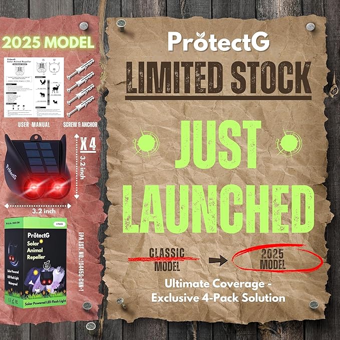 4 Pack Solar Nocturnal Animal Repellent – Predator Eye Defense – Waterproof Automatic Deterrent Red Lights for Farm, Orchard, Yard, Chicken Coop Accessories – Scares Coyote, Fox, Deer, Raccoon