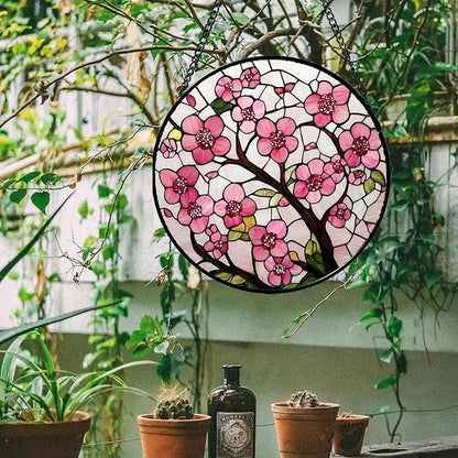 Stained Glass Window Hanging - Cherry Blossoms Birth Flower Suncatcher for Door Garden Patio Sun Catchers Decor Christmas Mother's Day Birthday Gifts for Women Mom Nana Friend Wife 15 in