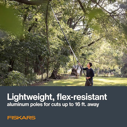 Fiskars XtendControl Extendable Tree Pruner (16 ft), Adjustable Branch Trimmer with Rotating Pruning Head, 15" X3 Double-Hooked Saw, 4-8 ft Extension Poles & Automatic Cord Reel for Precision Cutting