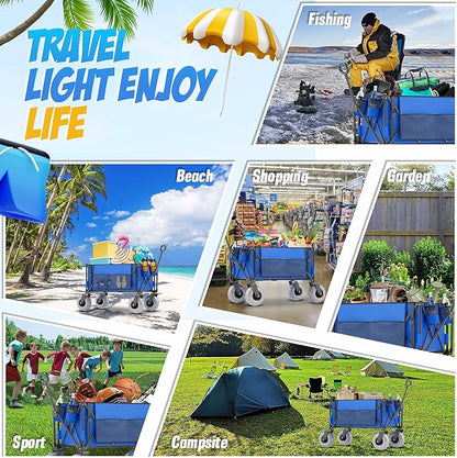 Beach Wagon with Big Wheels for Sand, 450lbs Heavy Duty Folding Wagon, Oversized 200L, 9" PVC All-Terrain Wheels, Adjustable Handle, Cooler & Storage Bags for Beach, Camping, Garden & Outdoor Sports