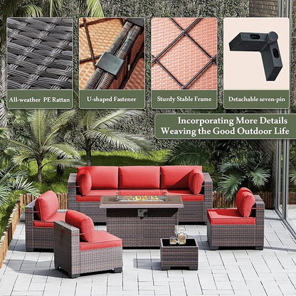 Outdoor Patio Furniture Sets with Propane Fire Pit Table, 10 Pieces Outdoor Furniture Patio Sectional Sofa Conversation Sets w/ETL Approved 43" Gas Outdoor Fire Table & Coffee Table (Red)