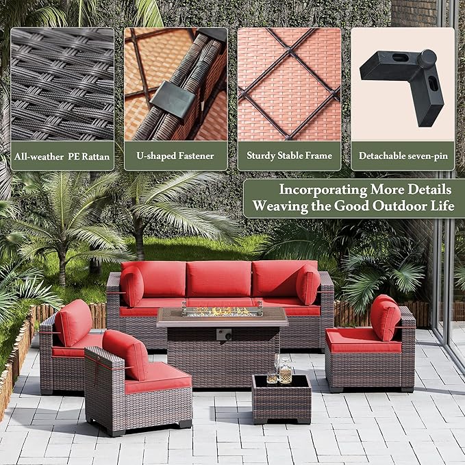 Outdoor Patio Furniture Sets with Propane Fire Pit Table, 8 Pieces Outdoor Furniture Patio Sectional Sofa Conversation Sets w/ETL Approved 43" Gas Outdoor Fire Table & Coffee Table (Red)
