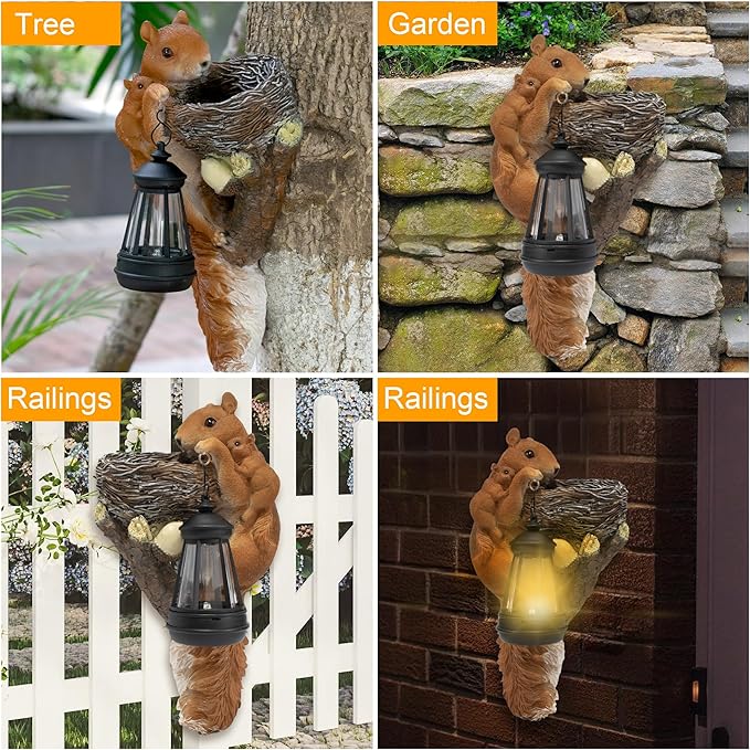 Squirrel Tree Hugger Garden Outdoor Statue Decor with Solar Powered Lantern for Outside Porch Patio Wall Tree Fence, Squirrel Figurine Birthday Gifts for Mom