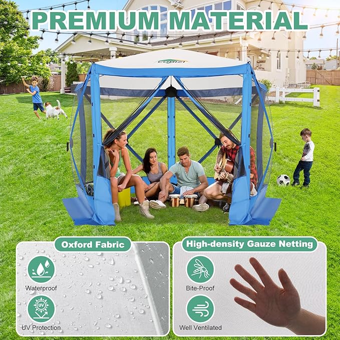 COBIZI 10x10ft Pop up Gazebo Screen House Tent for Camping, Pop-up Camping Canopy with Mesh Windows,Portable Outdoor Quick-Set Hub Tent with Carrying Bag&Ground Stakes,Blue(Upgraded 2.0)