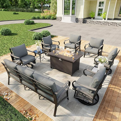 10 Pieces Patio Conversation Sets, All Weather Metal Outdoor Furniture Set, 3-Seater, 4 Swivel Rockers, 2 Single Chairs, 2 Side Tables, 1 Fire Pit Table for Backyard Garden Deck Porch Poolside, Gray