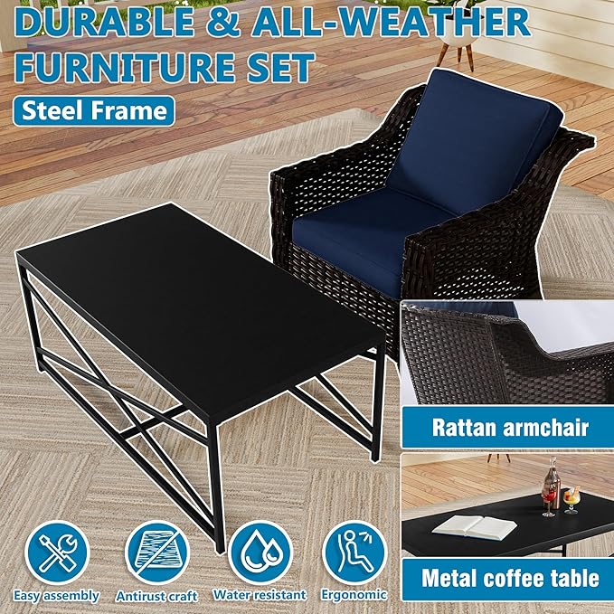 Vista Vibe 3 Pieces Outdoor Patio Conversation Furniture Set - 78" 3-seat Sofa | 2 Wicker Chairs, Deep Seat Loveseat, Removable Cushions, Hand-Woven PE Rattan Couch, Balcony (Brown/Navy)