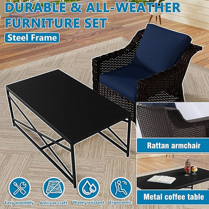 Vista Vibe 5 Pieces Outdoor Rattan Patio Conversation Furniture Set - 4 Wicker Chairs | Steel Coffee Table, Premium & Washable Cushions, Living Room, Poolside (Brown/Navy)
