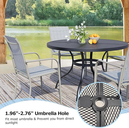 5 Pieces Round Dining Table Set for 4, Patio Dining Set Includes 4 Beige Blue Stackable Patio Chairs and 1 Black Mesh Round Table, Patio Furniture Sets with Sling Support for Outside, Garden