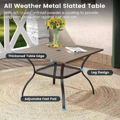 DIFY 5 Pieces Outdoor Patio Dining Set for 4, 37.8" Grey Wood-Like Metal Square Dining Table and 4 Grey Textilene Patio Swivel Chairs, Outdoor Table and Chairs
