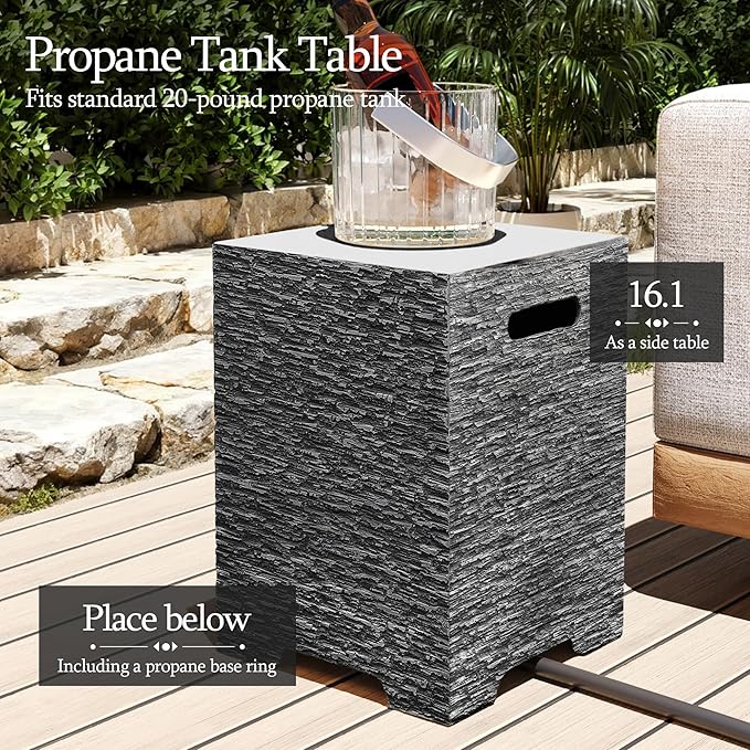 UPHA 56-inch Outdoor Propane Gas Fire Pit Table 50000 BTU Concrete Rectangle FirePit for Outside Patio with Wind Guad, Blue Glass Rocks, Rain Cover, Grey Horizontal Stripe