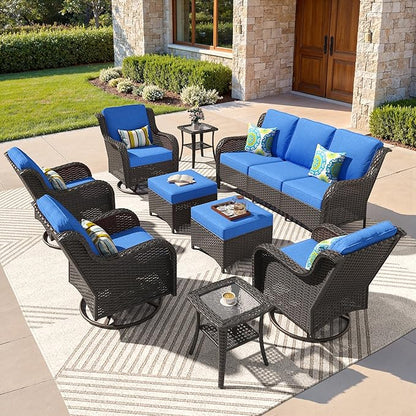 ovios 9 Pieces Patio Furniture Set, Outdoor Wicker Sofa Couch with Swivel Chairs Ottomans Comfy Cushions, High Back All Weather Modern Conversation Sets, Brown Rattan, Navy Blue