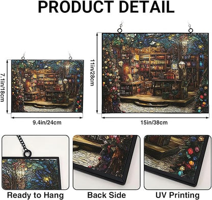 Rectangle Christmas Bookstore Stained Glass Sun Catcher, Wall Hanging Colored Decor Room Indoor Window Decor, Halloween, Christmas Hanging Ornament