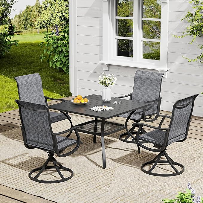 VICLLAX 5 Pieces Patio Dining Set, Outdoor Furniture Set of 4 Patio Swivel Dining Chairs and Square Patio Table with Umbrella Hole, Dark Charcoal Chairs & Black Tabletop