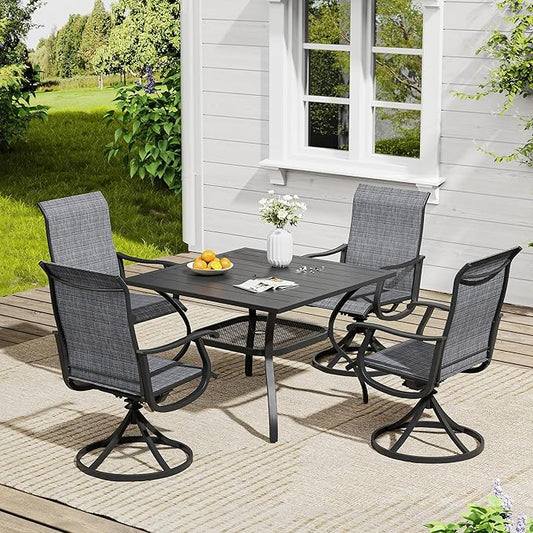 VICLLAX 5 Pieces Patio Dining Set, Outdoor Furniture Set of 4 Patio Swivel Dining Chairs and Square Patio Table with Umbrella Hole, Dark Charcoal Chairs & Black Tabletop