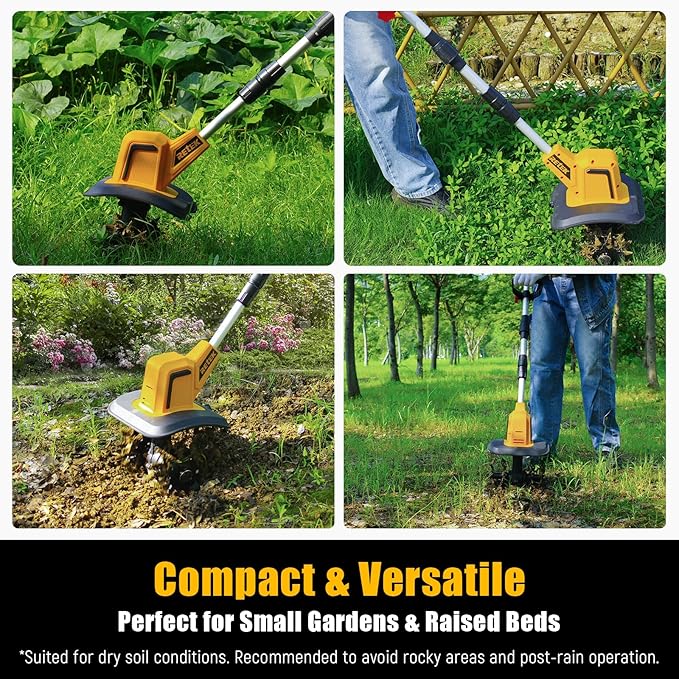 RETEK Adjustable Cordless Tiller, Compatible with Dewalt 20V Battery(Tool Only), 360RPM Electric Garden Tiller, 9.06In Tilling Width & 7.09In Depth, Portable Tiller for Flower Beds/Plant Cultivation