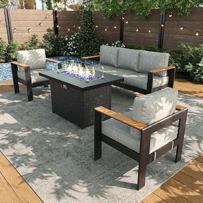 LayinSun 4 Piece Aluminum Outdoor Furniture Set with Fire Pit Table, Outside Patio Deep Seating Conversation Set with Upgraded Washable Thick Cushion