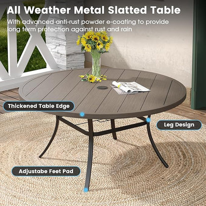 DIFY 60" Round Outdoor Patio Dining Table for 8-10, Metal Patio Table with 1.57" Adjustable Umbrella Hole, All-Weather Dining Furniture Table for Backyard Lawn Garden, Grey Wood-Like