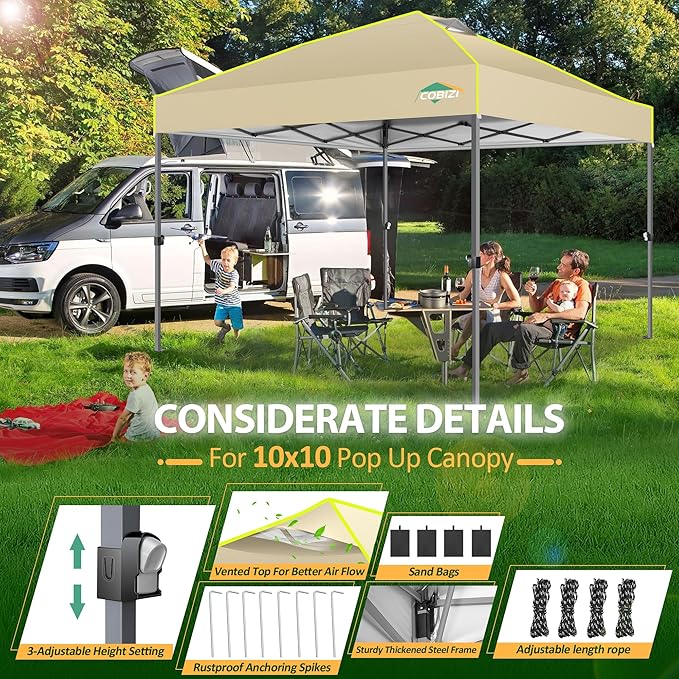 COBIZI Canopy 10x10 Pop Up Canopy Tent 1-Button Push Easy up Outdoor Canopy Instant Portable Commercial Shelter Waterproof UPF50+ Gazebo with Reflective Strip, Air Vent & 4 Sandbags,Khaki