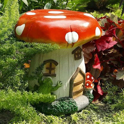 14''H Mushroom House Statue Outdoor Statues Garden Resin Stool Over Sized Sculpture Fairy Forest Pedestal Spring Decor for Home Courtyard Lawn Patio Summer Ornament Indoor Stool